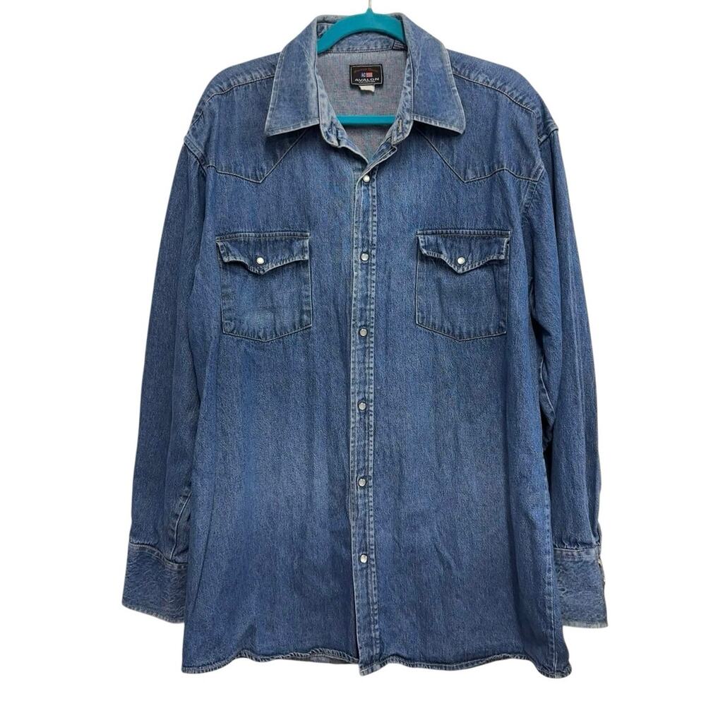 VTG American Classic Denim Pearl Snap Shirt Unisex Lg Western Button Down‎ Blue